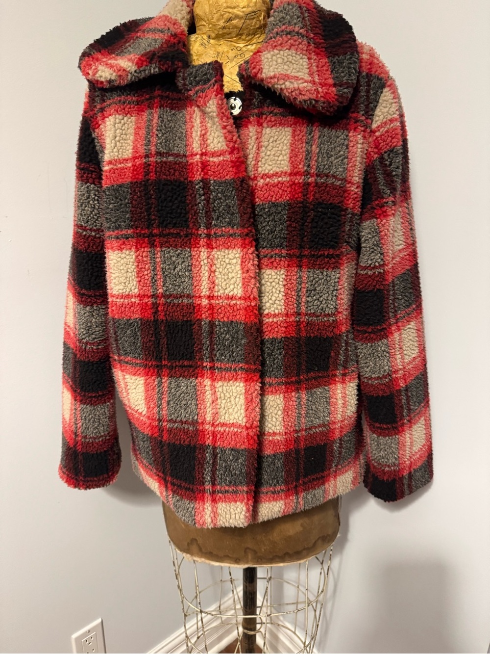 Me Jane Red Black Gray Plaid Sherpa Puffer Jacket